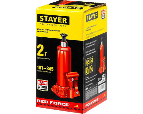 STAYER 2 т, 181-345 мм, домкрат бутылочный гидравлический RED FORCE 43160-2_z01 Professional