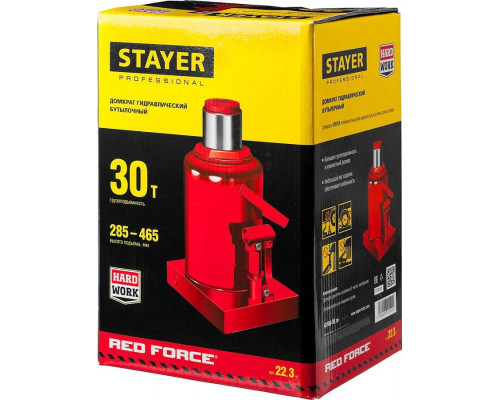 STAYER 30 т, 285-465 мм, домкрат бутылочный гидравлический RED FORCE 43160-30_z01 Professional