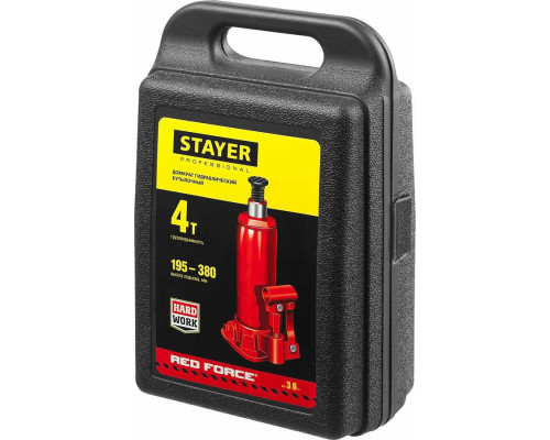 STAYER 4 т, 195-380 мм, домкрат бутылочный гидравлический в кейсе RED FORCE 43160-4-K_z01 Professional