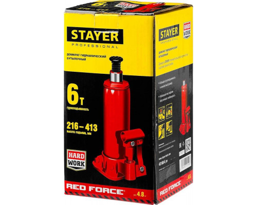 STAYER 6 т, 216-413 мм, домкрат бутылочный гидравлический RED FORCE 43160-6_z01 Professional