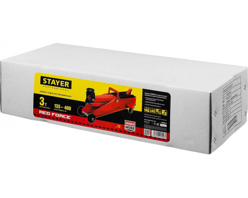 STAYER 3т, 135-400 мм, домкрат гидравлический подкатной RED FORCE 43154-3