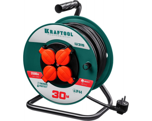KRAFTOOL 30 м, 3500 Вт, 4 гнезда, IP44, ПВС 3x1,5 кв мм, удлинитель на катушке 55084-30