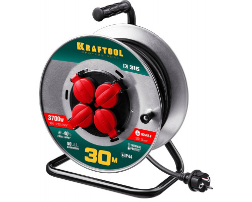 KRAFTOOL 30 м, 3700 Вт, 4 гнезда, IP44, КГ 3x1,5 кв мм, удлинитель на катушке 55085-30_z01
