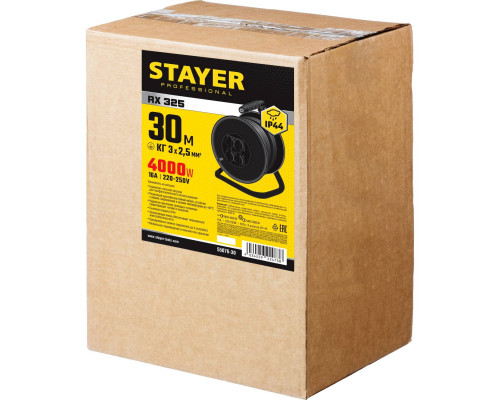 STAYER 30 м, 4000 Вт, 4 гнезда, IP44, КГ 3x2,5 кв мм, удлинитель на катушке 55076-30