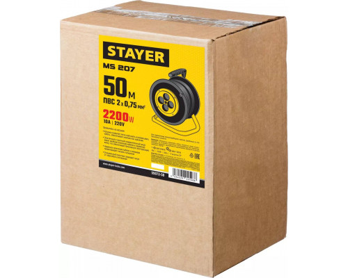 STAYER 50 м, 1300Вт, ПВС 2x0, удлинитель на катушке MS 207 55073-50