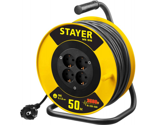 STAYER 50 м, 3500 Вт, заземление, 4 гнезда, ПВС 3x1,5 кв мм, удлинитель на катушке 55078-50