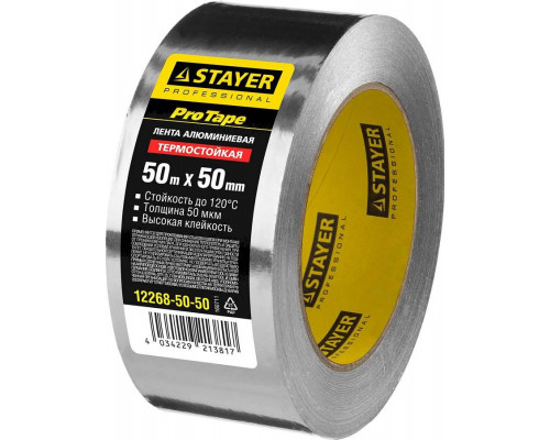 STAYER 50 мм х 50 м, до 120 °С, лента алюминиевая самоклеящаяся (скотч) 12268-50-50