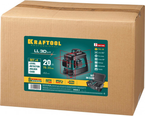 KRAFTOOL линейный лазерный нивелир с детектором и держателем в кейсе LL3D #4 34640-4 Professional