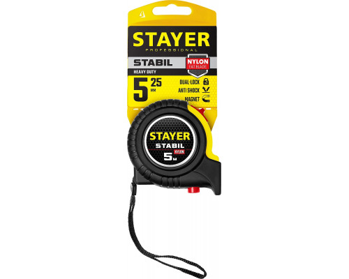 STAYER 5 м х 25 мм, ударостойкий, обрезиненный корпус, два фиксатора, рулетка 34131-05-25_z02