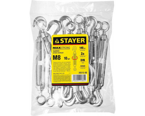 STAYER М8, 10 шт., талреп DIN 1480, крюк-кольцо 30515-08