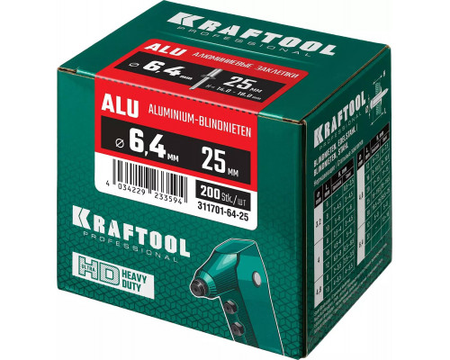 KRAFTOOL 6.4 х 25 мм, 250 шт., алюминиевые заклепки Alu (Al5052) 311701-64-25