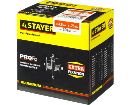 STAYER 4.8 х 25 мм, 500 шт., заклепки алюминиевые ProFIX 31205-48-25