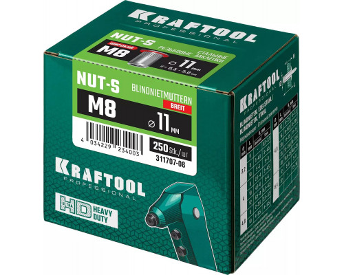KRAFTOOL М8, 250 шт., стальные с насечками, резьбовые заклепки Nut-S 311707-08