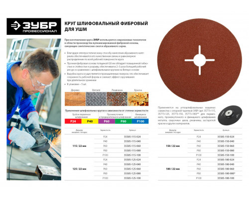 ЗУБР P80, 180х22 мм, 5 листов, круг шлифовальный фибровый для УШМ 35585-180-080 Профессионал