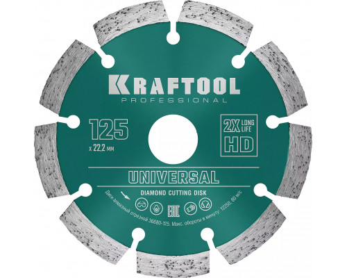KRAFTOOL Ø 125Х22.2 мм, алмазный, сегментный, по железобетону, высокопрочному бетону диск отрезной UNIVERSAL 36680-125