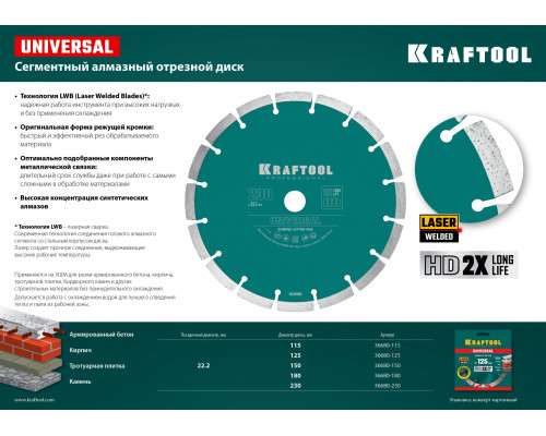 KRAFTOOL Ø 150Х22.2 мм, алмазный, сегментный, по железобетону, высокопрочному бетону диск отрезной UNIVERSAL 36680-150