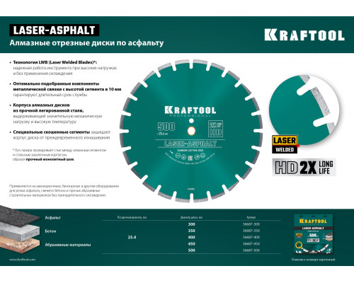 KRAFTOOL Ø 400Х25.4 мм, алмазный, сегментный, по асфальту, диск отрезной LASER-ASPHALT 36687-400