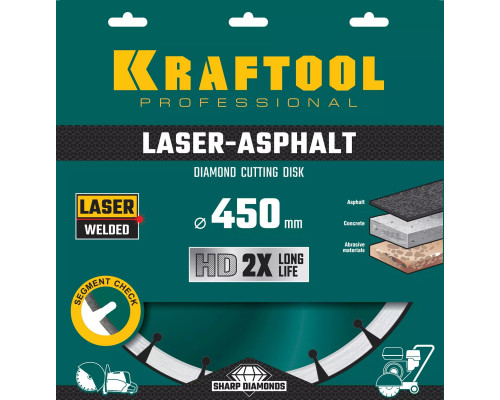 KRAFTOOL Ø 450Х25.4 мм, алмазный, сегментный, по асфальту, диск отрезной LASER-ASPHALT 36687-450