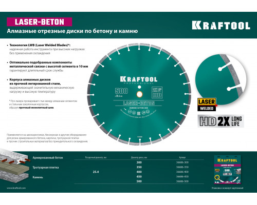 KRAFTOOL Ø 500Х25.4 мм, алмазный, сегментный, по бетону и камню, диск отрезной LASER-BETON 36686-500