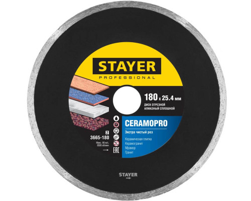STAYER Ø 180Х25.4 мм, алмазный, cплошной, диск отрезной CERAMOPRO 3665-180_z02 Professional