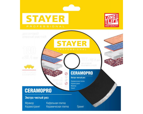 STAYER Ø 180Х25.4 мм, алмазный, cплошной, диск отрезной CERAMOPRO 3665-180_z02 Professional