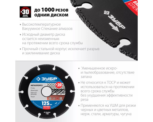 ЗУБР Ø 125Х22.2 мм, алмазный, сегментный, по металлу диск отрезной МЕТАЛЛОРЕЗ 36662-125 Профессионал