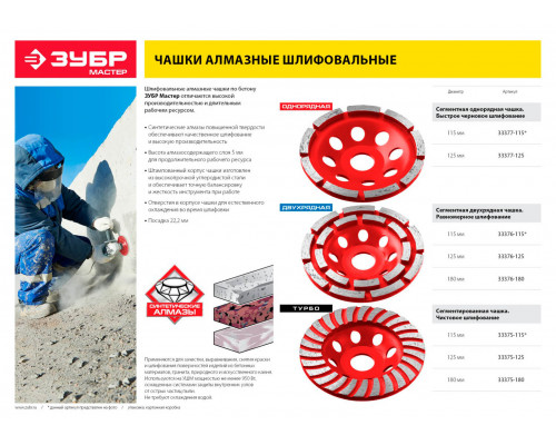 ЗУБР  115 мм, L- 22.2 мм, алмазная, сегментная, двухрядная, чашка шлифовальная по бетону 33376-115