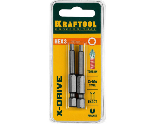 KRAFTOOL HEX3, 50 мм, 2 шт., кованые профессиональные биты X-DRIVE 26127-3-50-2