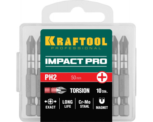 KRAFTOOL PH2, 50 мм, 10 шт., Cr-Mo сталь, набор бит Impact Pro Philips 26191-2-50-S10