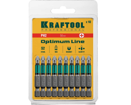 KRAFTOOL PH2, 50 мм, 10 шт., Cr-Mo сталь, набор бит Optimum Line 26122-2-50-10