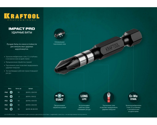 KRAFTOOL PH2, 50 мм, 2 шт., Cr-Mo сталь, биты Impact Pro Philips 26191-2-50-S2