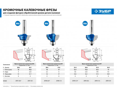 ЗУБР 28.6 x 12 мм, радиус 4 мм, фреза кромочная калевочная №6 28707-28.6 Профессионал