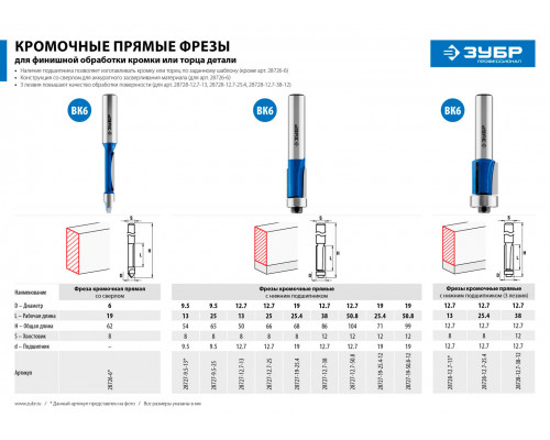 ЗУБР 6 x 19 мм, хвостовик 8 мм, фреза кромочная прямая со сверлом 28726-6 Профессионал