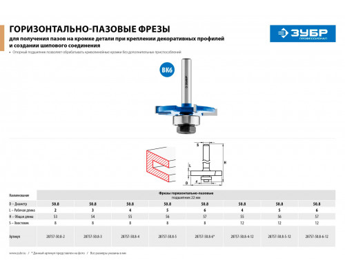 ЗУБР 50.8 x 3 мм, хвостовик 8 мм, фреза горизонтально-пазовая 28757-50.8-3 Профессионал