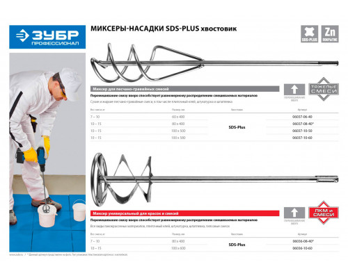 ЗУБР 80x400 мм, SDS+, миксер для песчано-гравийных смесей 06037-08-40 Профессионал