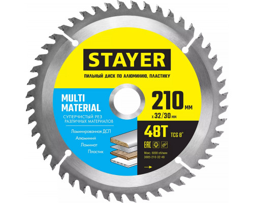 STAYER 210 х 32/30 мм, 48Т, диск пильный по алюминию Multi Material 3685-210-32-48 Master