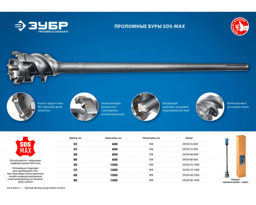ЗУБР  80 x 600 мм, проломной, SDS-max, бур по бетону 29330-80-600
