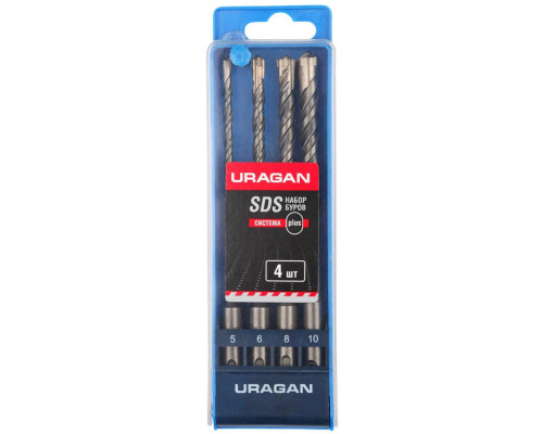 URAGAN 4 шт, 5,6,8,10 мм, SDS-Plus, набор буров по бетону 901-25554-H4