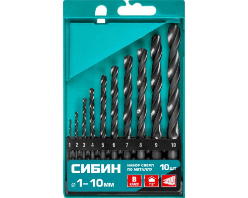СИБИН 10 шт. (Ø 1-10 мм), класс В, набор сверл по металлу 29610-H10