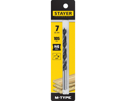 STAYER d=7 х 105/75 мм, М-образная заточка, сталь HCS, спиральное сверло по дереву "M-type" 2942-105-07_z02