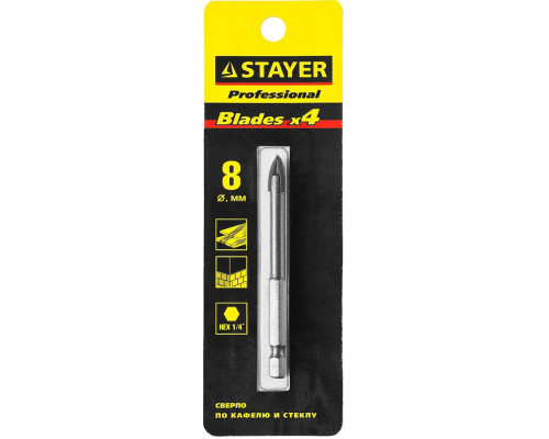 STAYER  8 мм, 4-х резцовый, шестигранный хвостовик, сверло по стеклу и кафелю 2985-08_z01