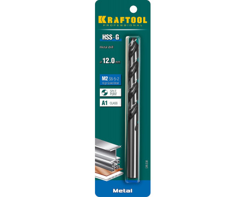 KRAFTOOL Ø 12 мм, HSS-G, сталь М2 (S6-5-2), класс A, DIN 338, сверло по металлу 29651-12