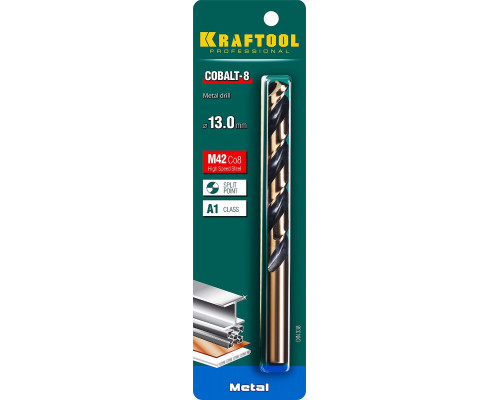 KRAFTOOL Ø 13 мм, HSS-Co (8%), класс A, DIN 338, сверло по металлу 29656-13