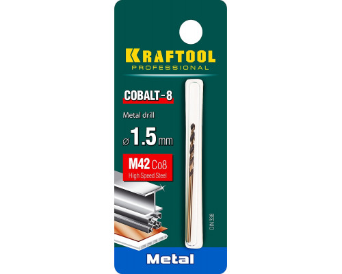 KRAFTOOL Ø 1.5 мм, HSS-Co (8%), класс A, DIN 338, сверло по металлу 29656-1.5