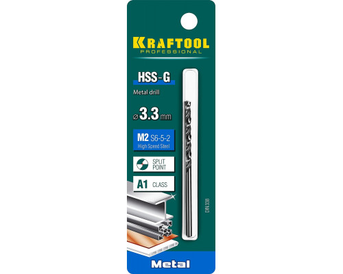 KRAFTOOL Ø 3.3 мм, HSS-G, сталь М2 (S6-5-2), класс A, DIN 338, сверло по металлу 29651-3.3