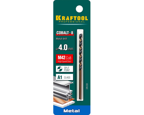 KRAFTOOL Ø 4 мм, HSS-Co (8%), класс A, DIN 338, сверло по металлу 29656-4