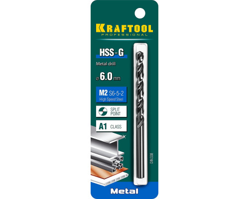 KRAFTOOL Ø 6 мм, HSS-G, сталь М2 (S6-5-2), класс A, DIN 338, сверло по металлу 29651-6