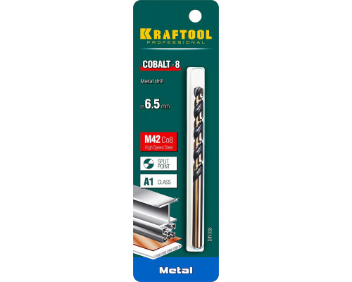 KRAFTOOL Ø 6.5 мм, HSS-Co (8%), класс A, DIN 338, сверло по металлу 29656-6.5