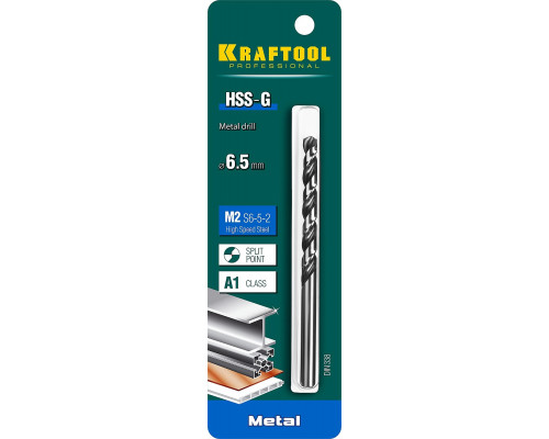 KRAFTOOL Ø 6.5 мм, HSS-G, сталь М2 (S6-5-2), класс A, DIN 338, сверло по металлу 29651-6.5