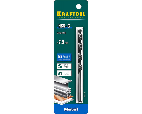 KRAFTOOL Ø 7.5 мм, HSS-G, сталь М2 (S6-5-2), класс A, DIN 338, сверло по металлу 29651-7.5